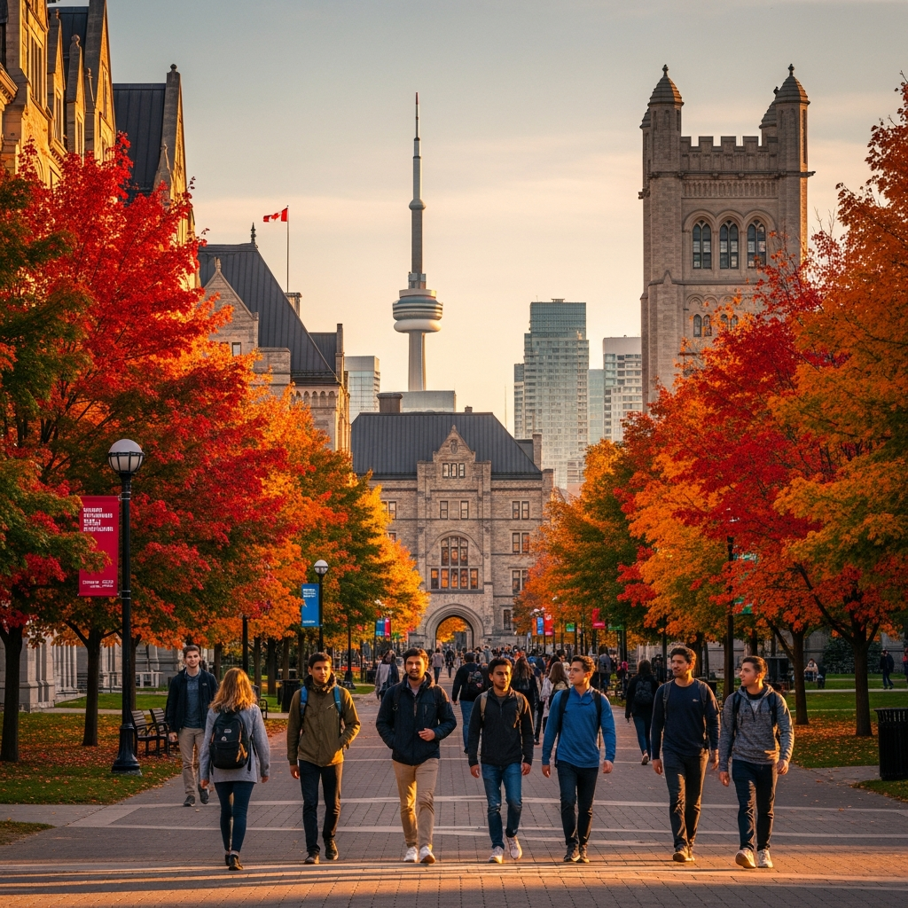 Kanada'da üniversite eğitimi — Toronto kampüs manzarası, sonbahar yaprakları