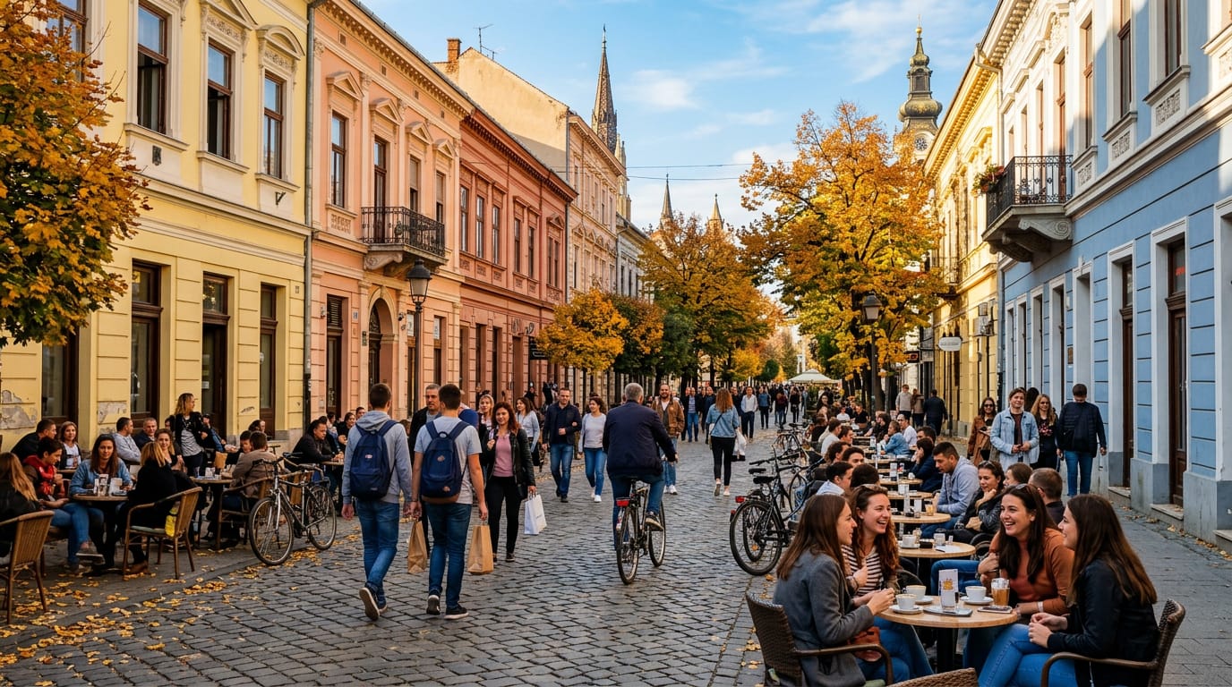 Novi Sad tarihi merkezinde kafelerde oturan ve yürüyen üniversite öğrencileri